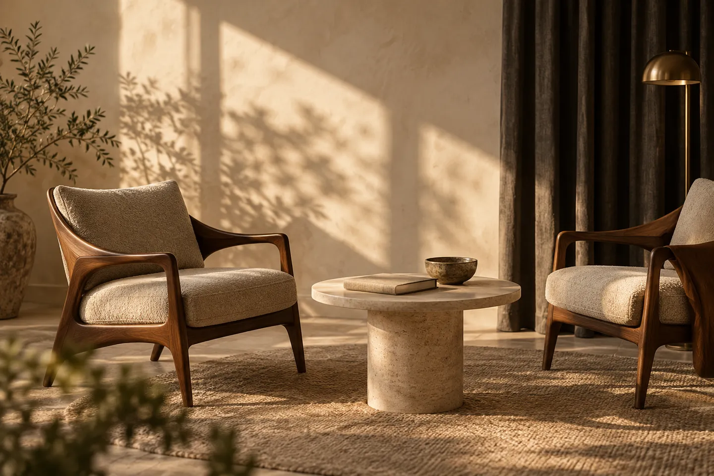Two chairs in a quiet sunlit room, inviting space for conversation.
