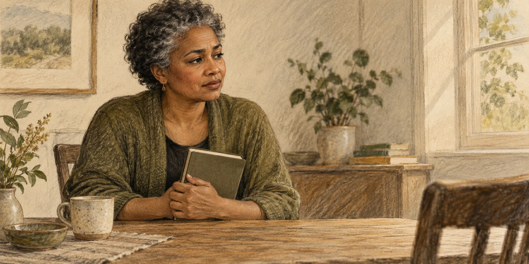 A pencil illustration of a reflective adult holding a closed notebook, preparing for a difficult apology.