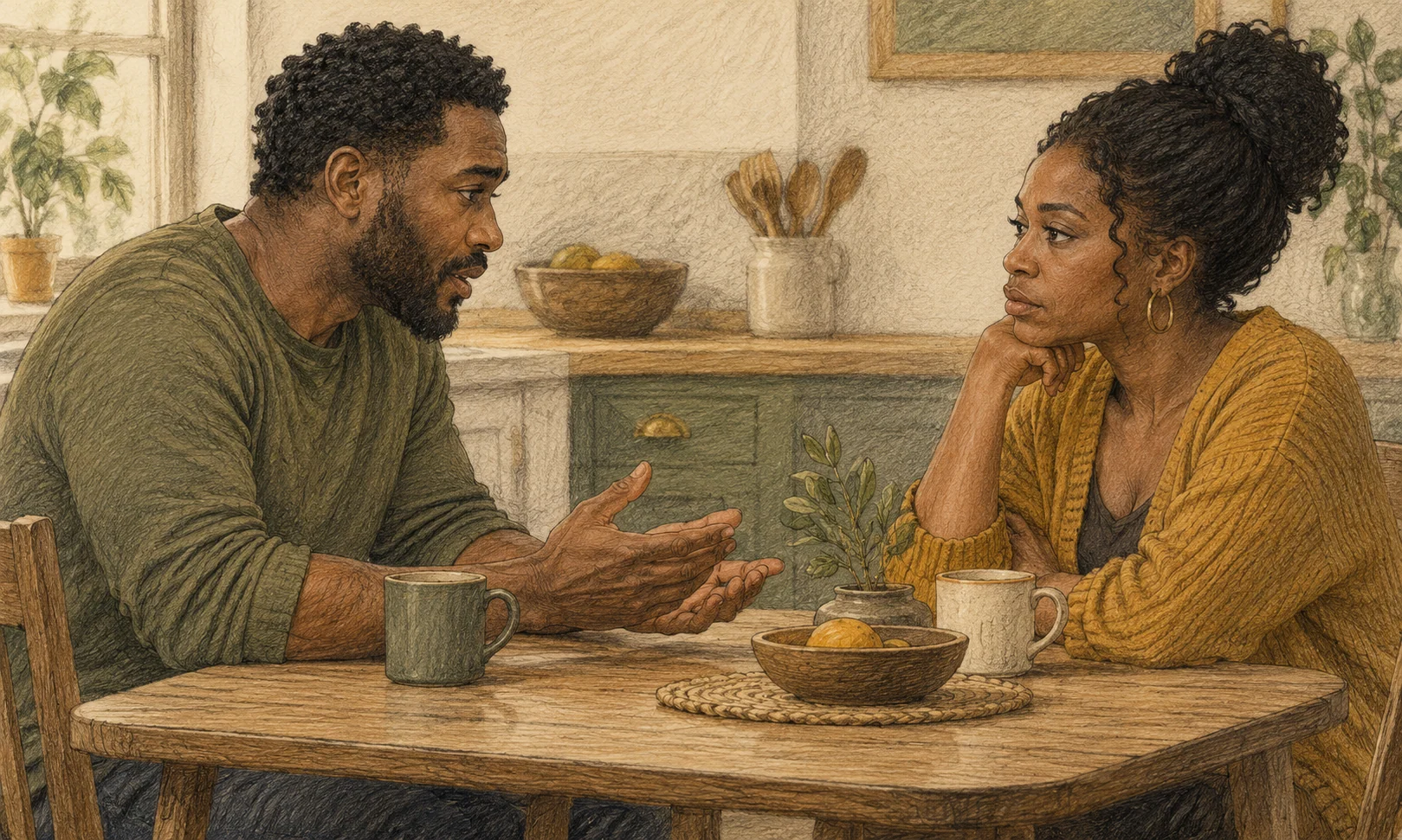 Two adults face each other at a small table, one speaking with regret and the other listening with guarded attention.