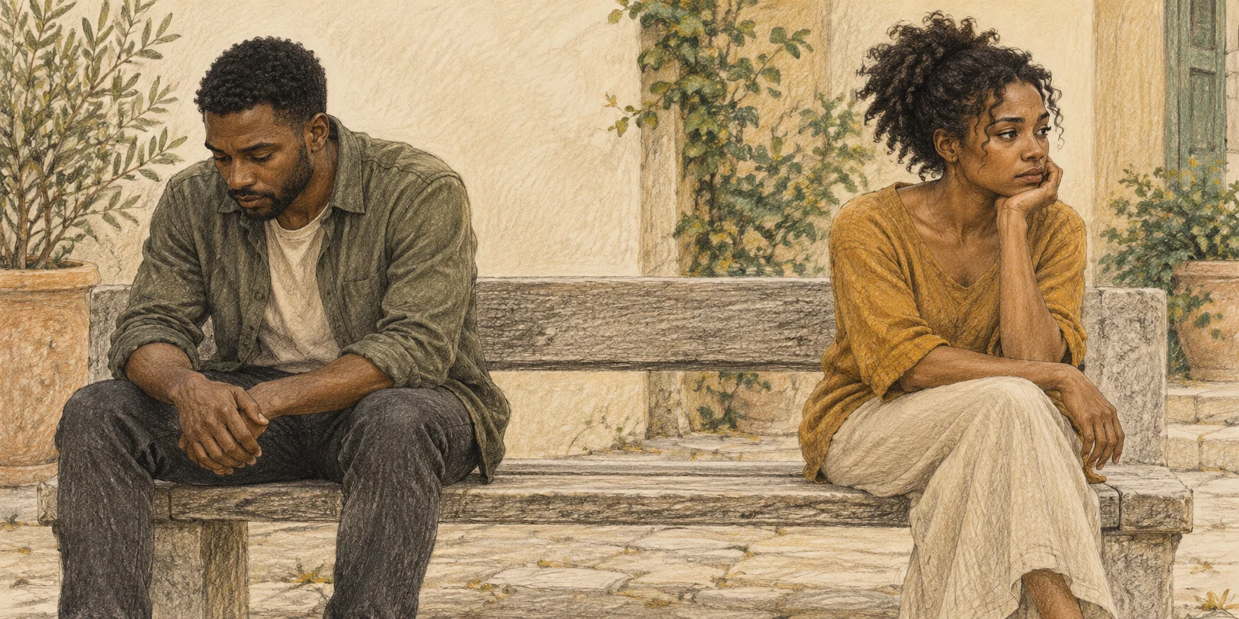 A pencil illustration of two adults sitting apart on a bench, looking thoughtful and hurt after a disagreement.