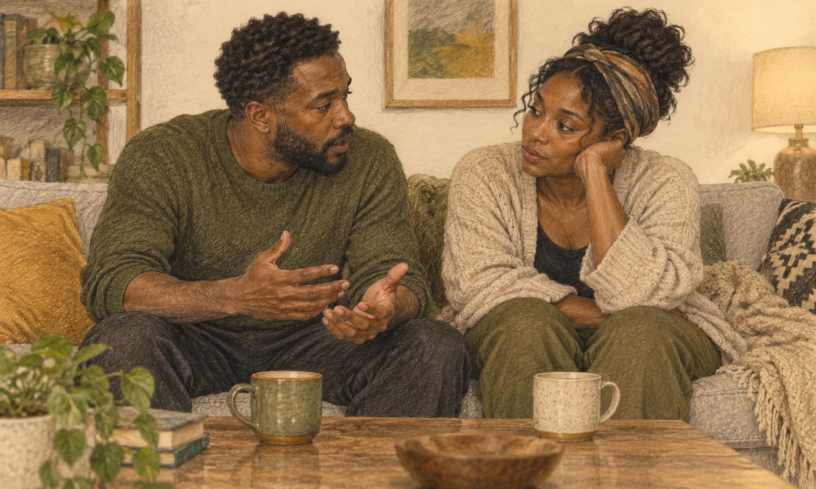 Two tired parents sit side by side with warm drinks, turning toward one another for a quiet conversation.