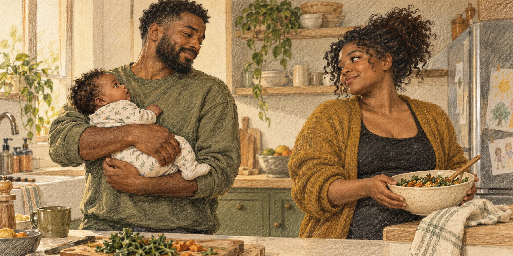 A pencil illustration of two tired parents sharing a moment in their kitchen while one gently holds their baby.