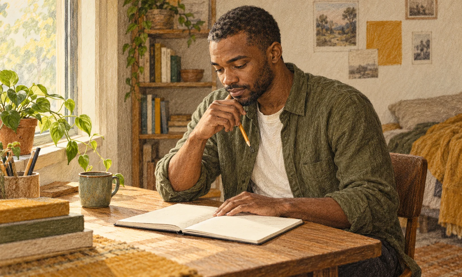 An adult sits at a modest desk beside a window, considering a notebook with a thoughtful, more settled expression.