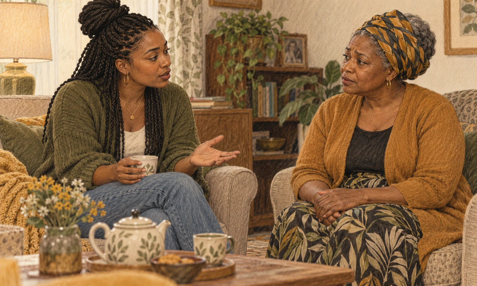 Two adult women of different generations sit with tea; one speaks with an open hand while the other listens with thoughtful concern.