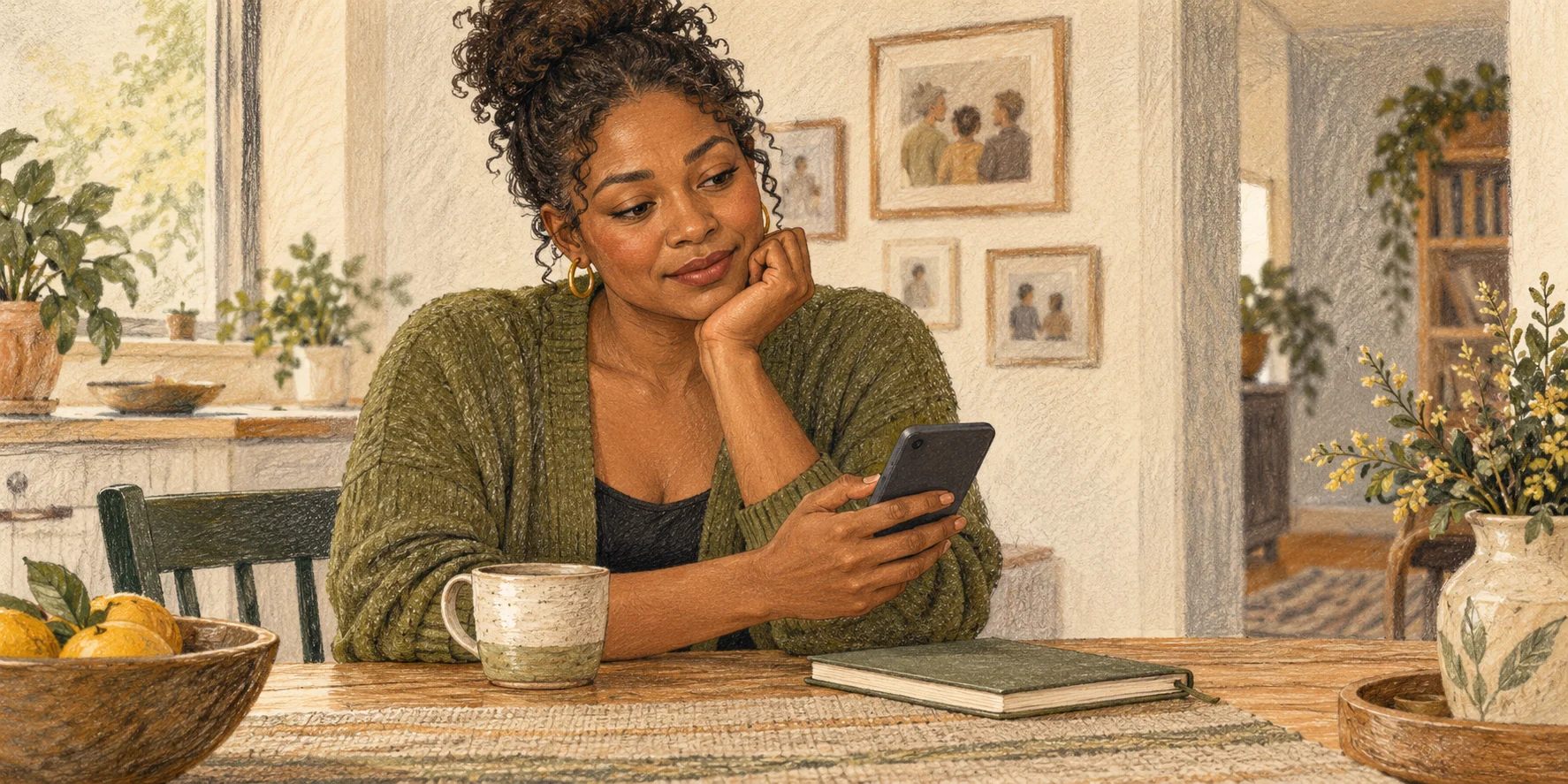 A pencil illustration of a woman at a kitchen table, pausing thoughtfully with her phone before a family conversation.
