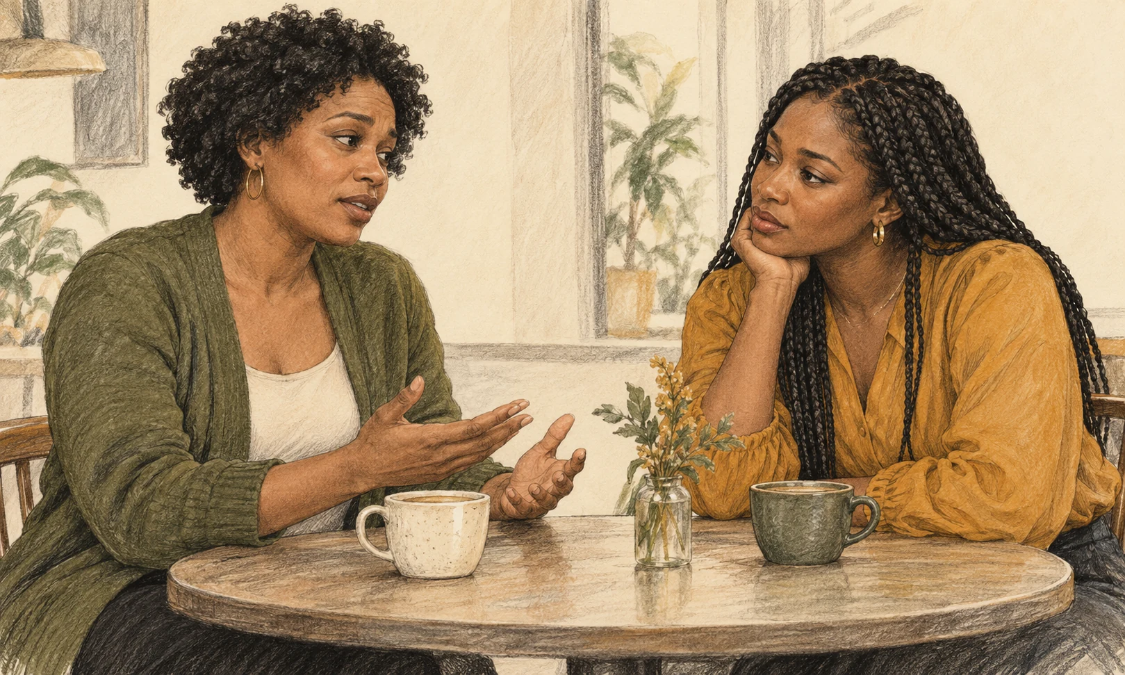 Two friends sitting at a table; one speaks with a careful open gesture while the other listens thoughtfully.