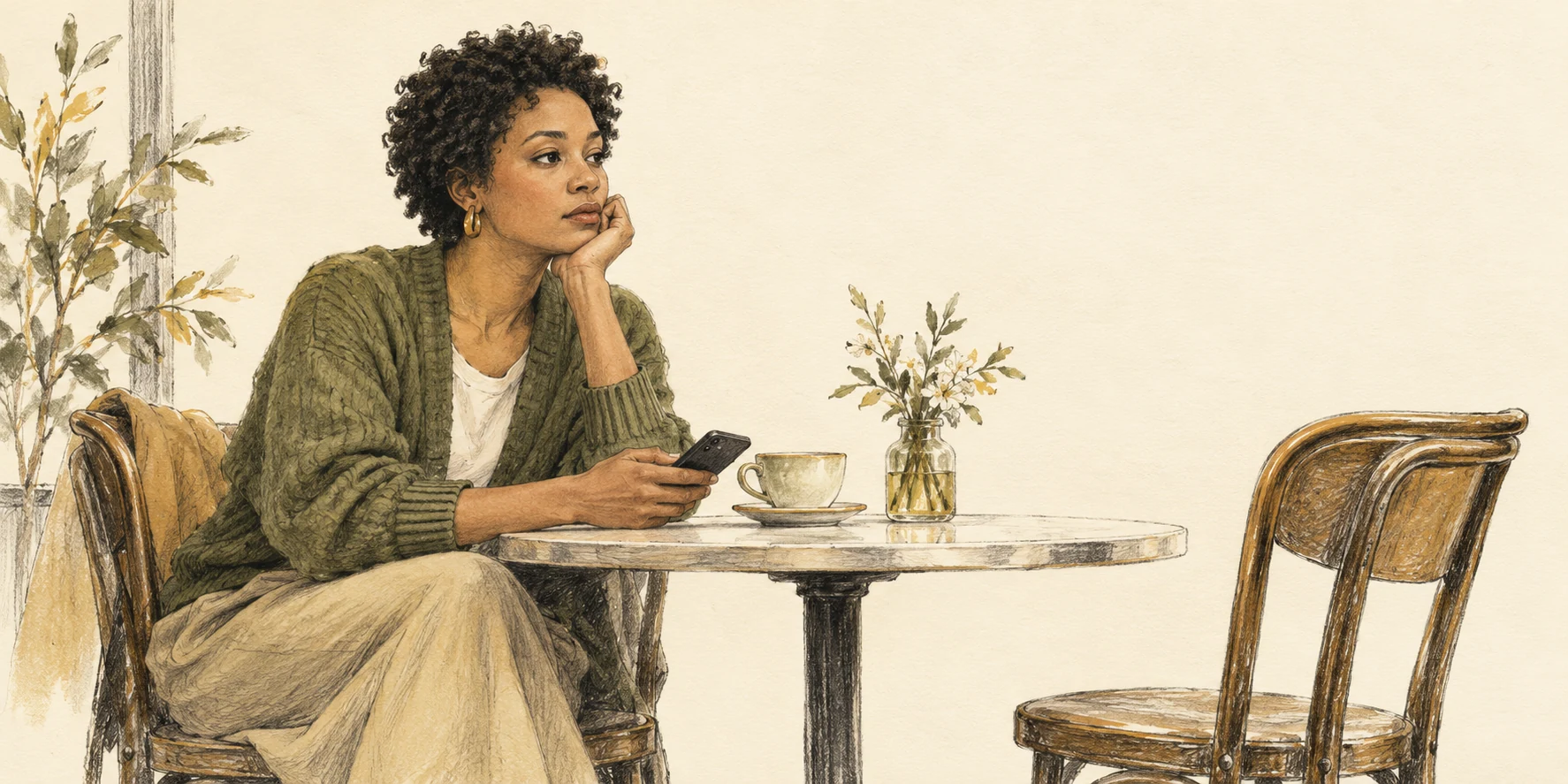 An original pencil illustration of a thoughtful woman holding a phone at a table with an empty chair opposite.