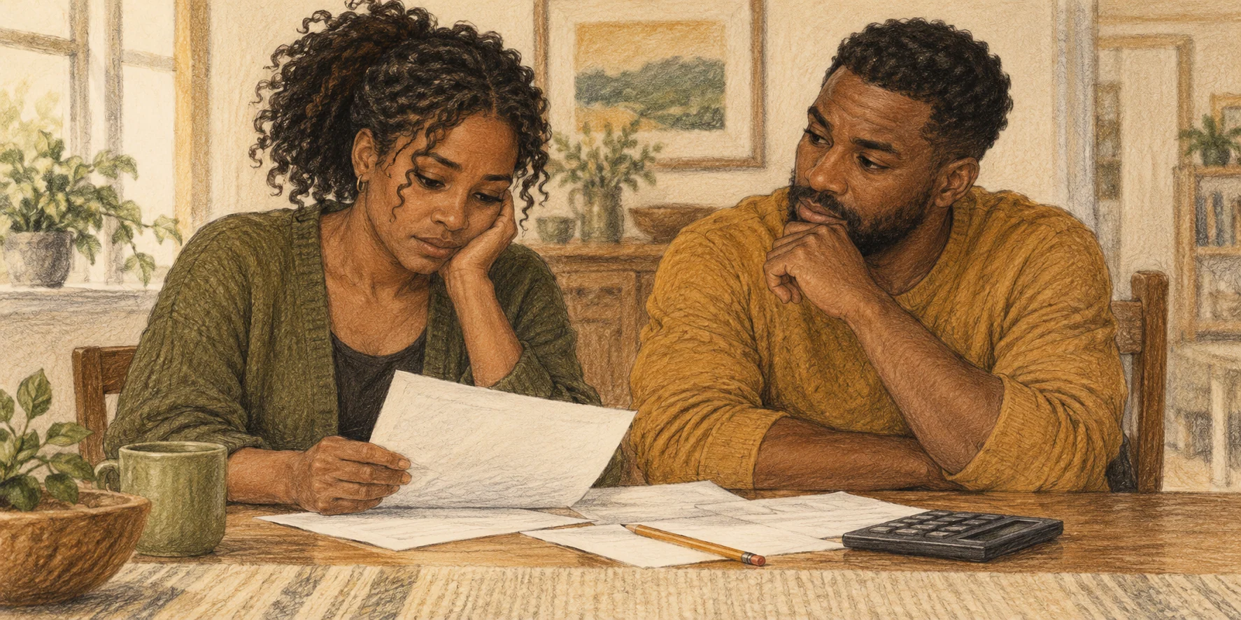 A pencil illustration of two concerned partners looking at household papers together at a modest dining table.