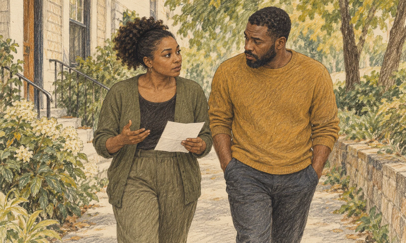 Two partners take a short walk beside their home, talking with serious but attentive expressions; one holds a folded sheet of paper.