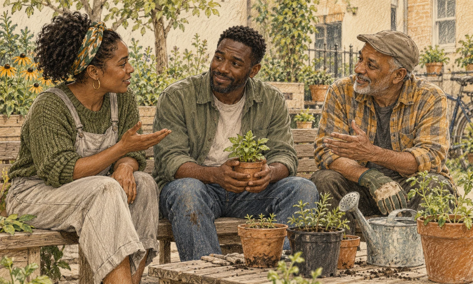 Three adult neighbours share a quiet conversation beside garden pots; one holds a small plant and smiles tentatively.