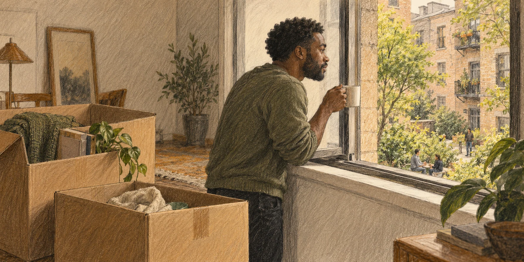 A pencil illustration of a thoughtful man beside unpacked boxes, looking from his new apartment toward a shared courtyard.