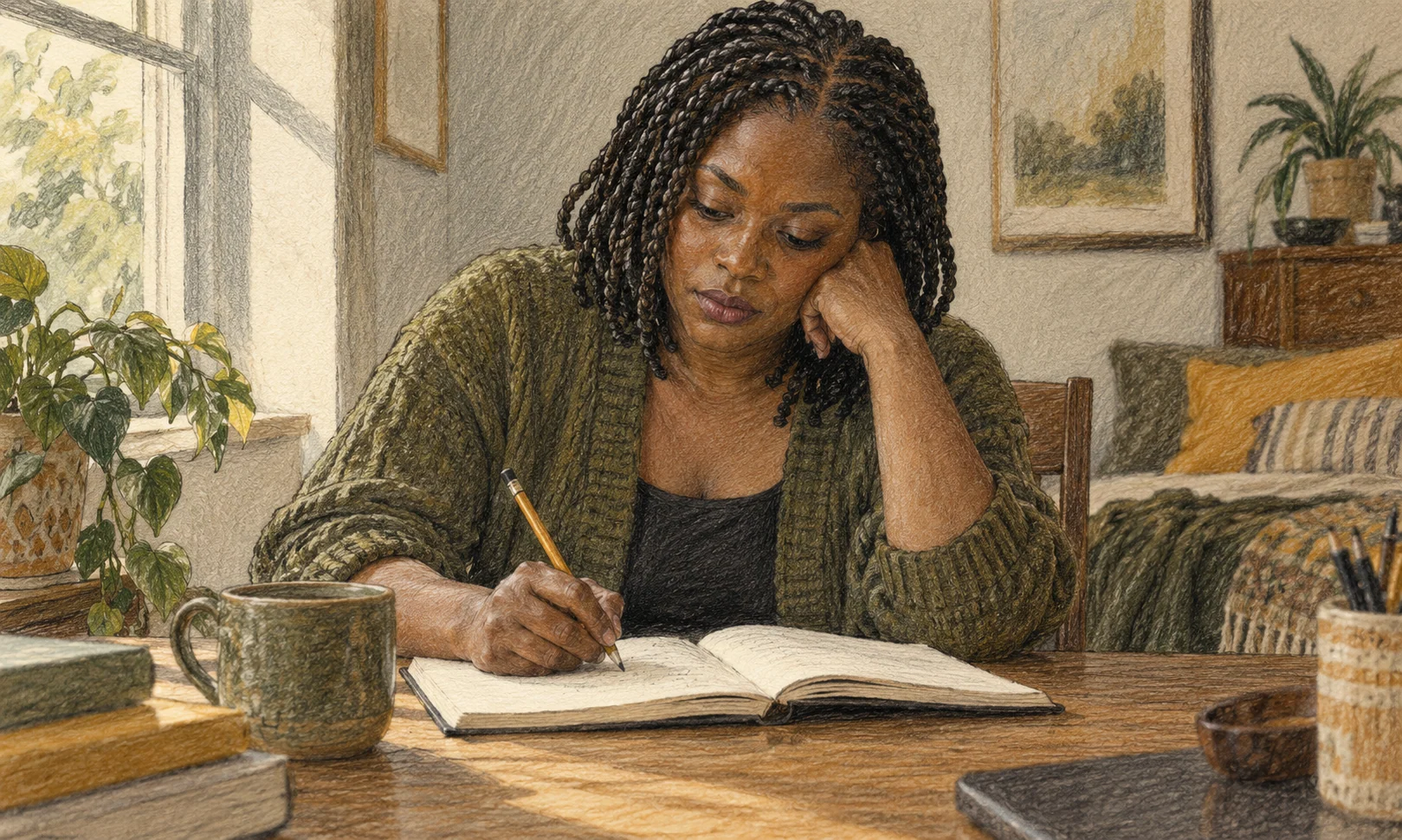 A thoughtful adult writes in a notebook at a small desk, with a serious but steadier expression.
