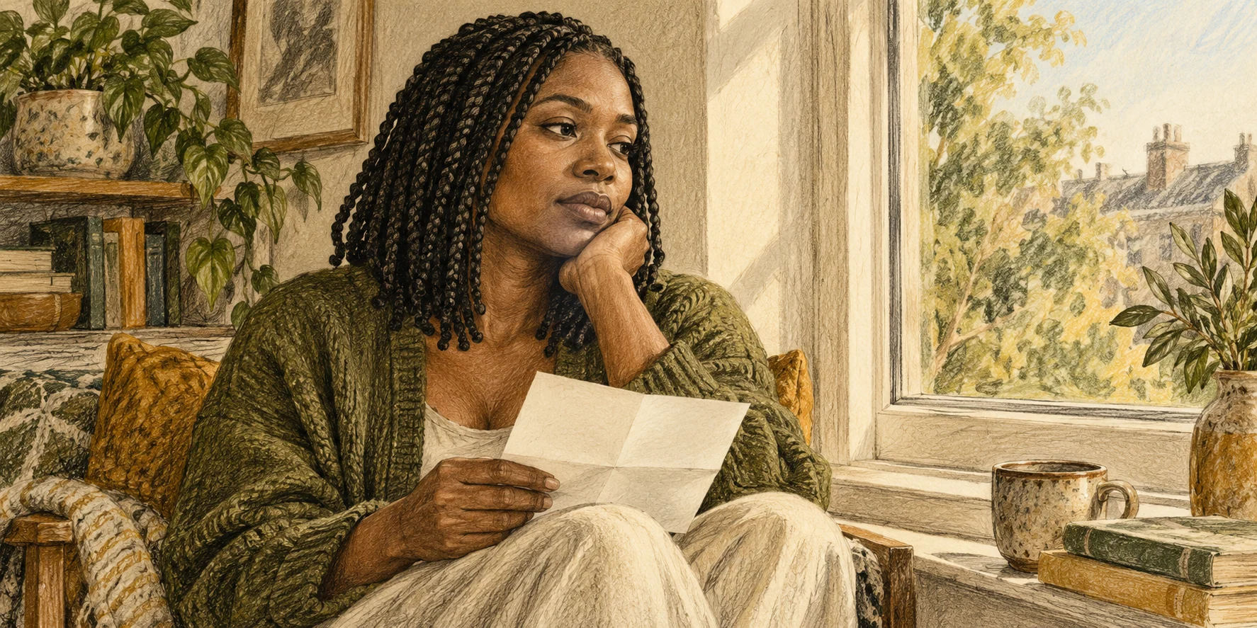 A pencil illustration of an adult woman looking thoughtfully toward a window while holding a plain folded letter.