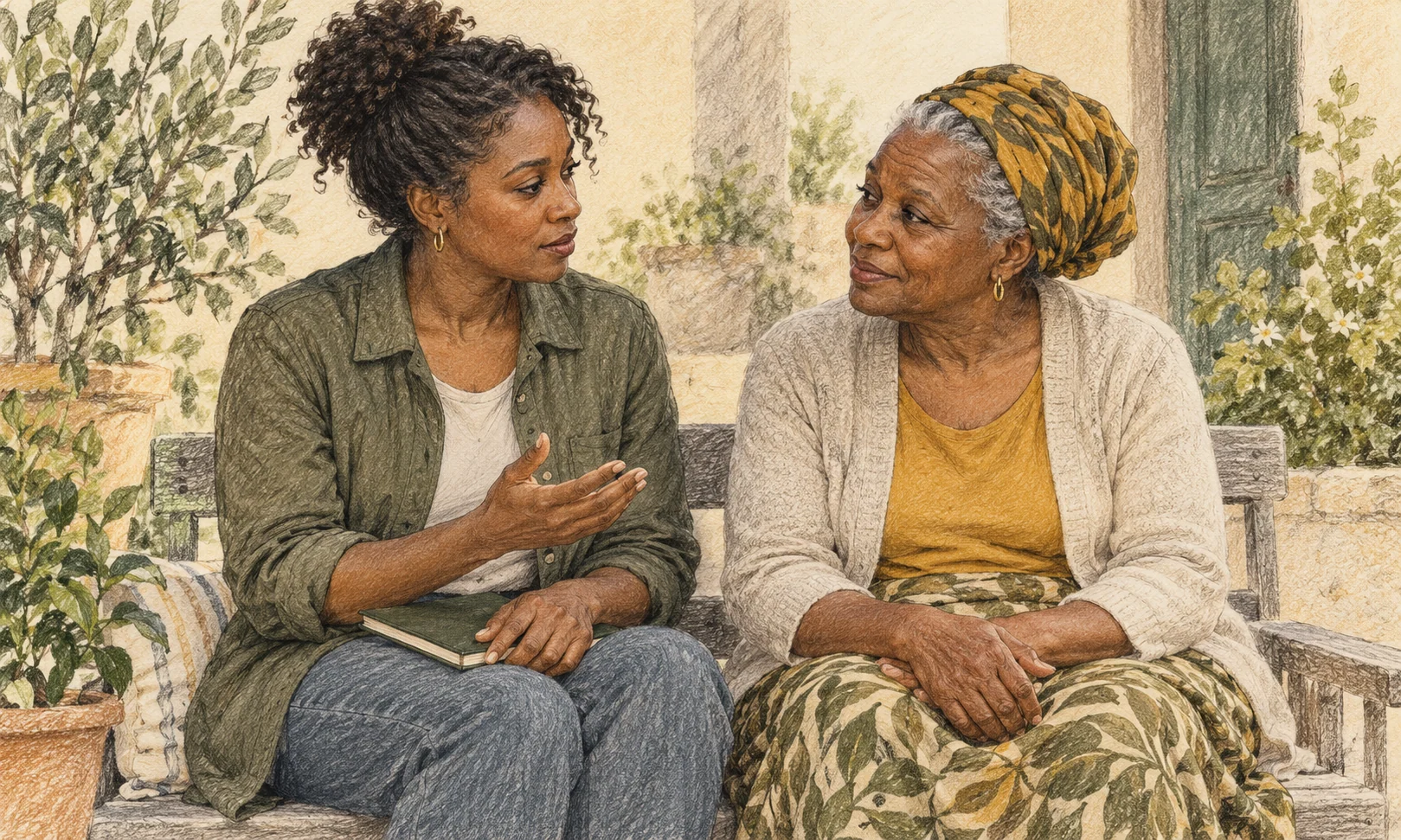 A younger woman with a closed notebook talks thoughtfully with an older woman on a courtyard bench; both look attentive and engaged.