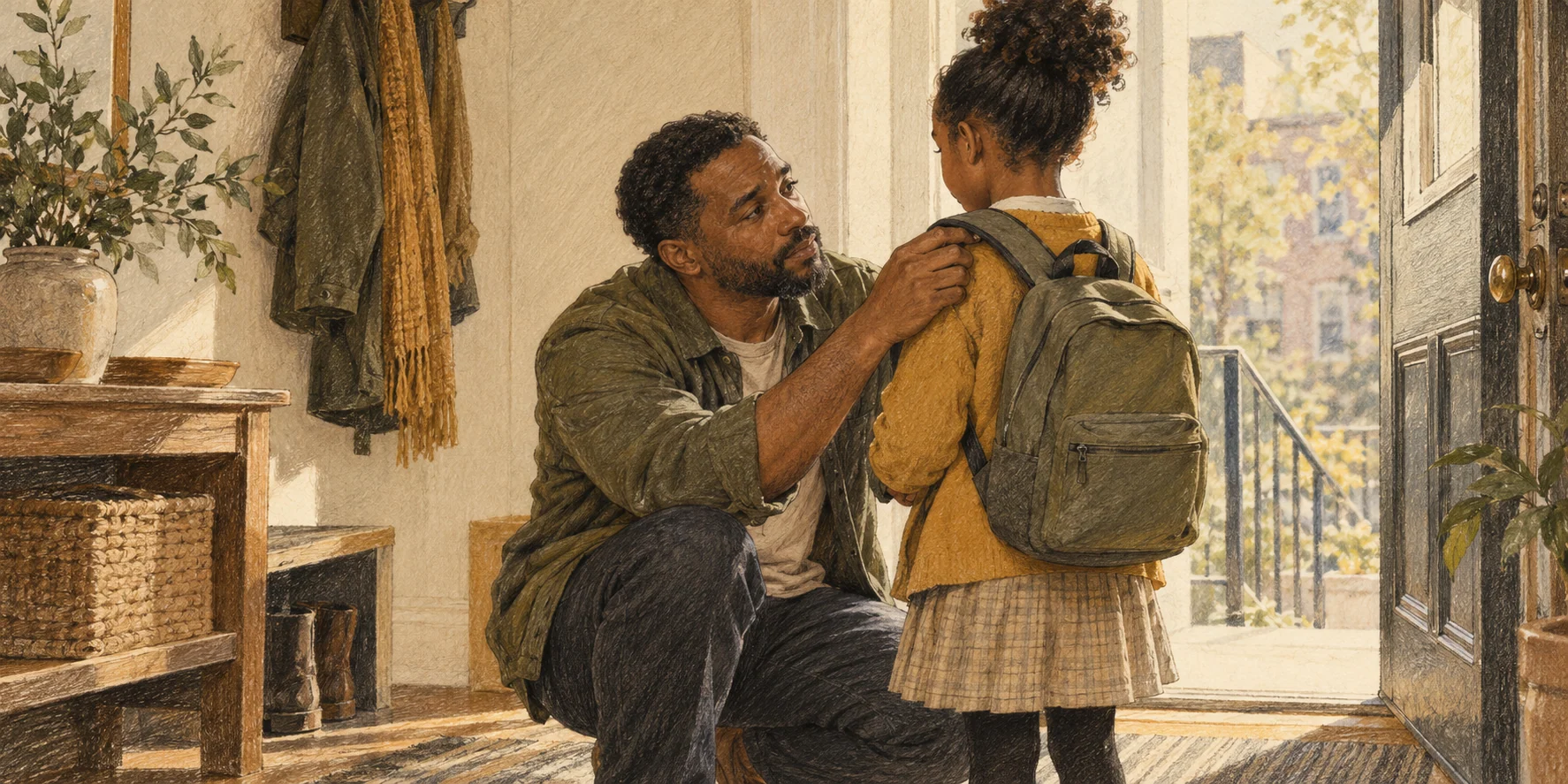 An original pencil illustration of a thoughtful father adjusting his daughter's school backpack at their doorway.